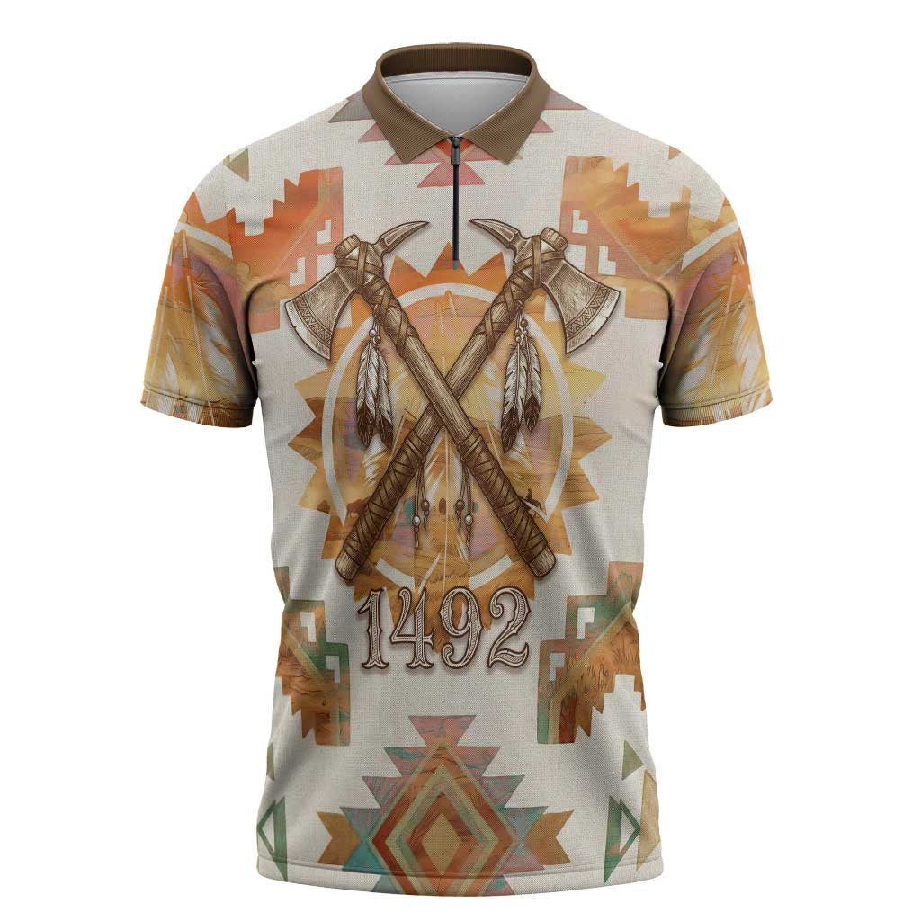 Native American Headdress and Tomahawk Zipper Polo Shirt with 1492 Symbolic Date Traditional Feather Motif Indigenous Heritage - Wonder Print Shop
