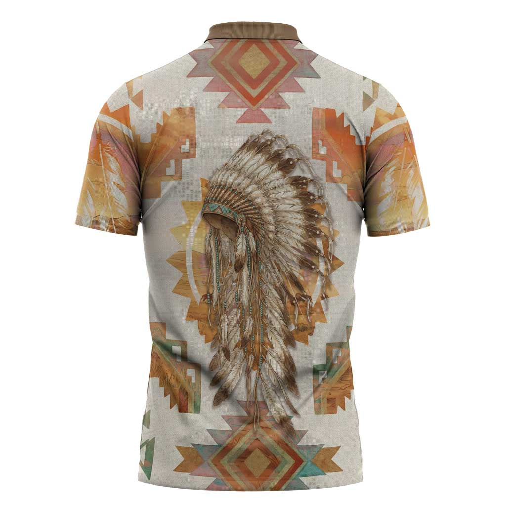 Native American Headdress and Tomahawk Zipper Polo Shirt with 1492 Symbolic Date Traditional Feather Motif Indigenous Heritage - Wonder Print Shop