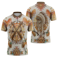 Native American Headdress and Tomahawk Zipper Polo Shirt with 1492 Symbolic Date Traditional Feather Motif Indigenous Heritage - Wonder Print Shop