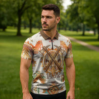 Native American Headdress and Tomahawk Zipper Polo Shirt with 1492 Symbolic Date Traditional Feather Motif Indigenous Heritage - Wonder Print Shop