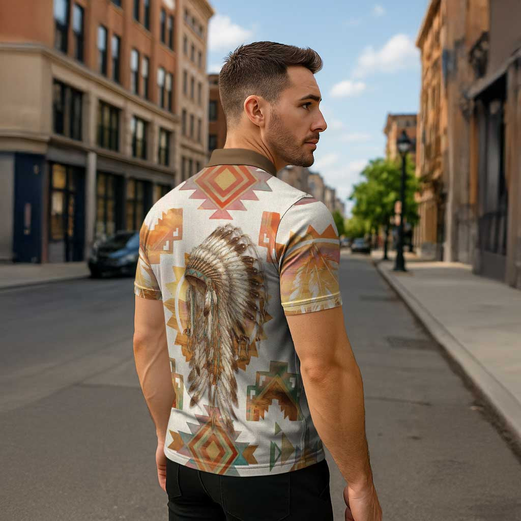 Native American Headdress and Tomahawk Zipper Polo Shirt with 1492 Symbolic Date Traditional Feather Motif Indigenous Heritage - Wonder Print Shop