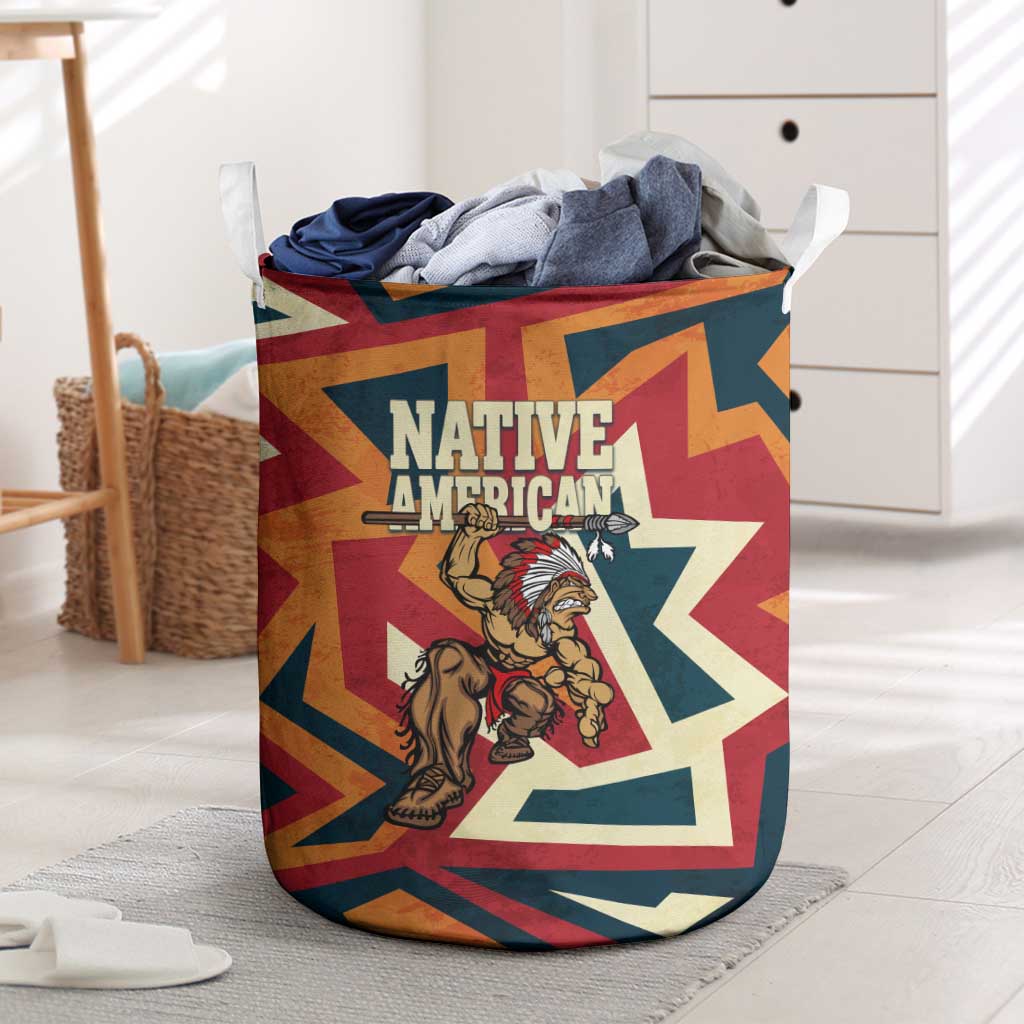 Native American Warrior Laundry Basket with Tribal Geometric Pattern Bold Sunset Mountain - Wonder Print Shop