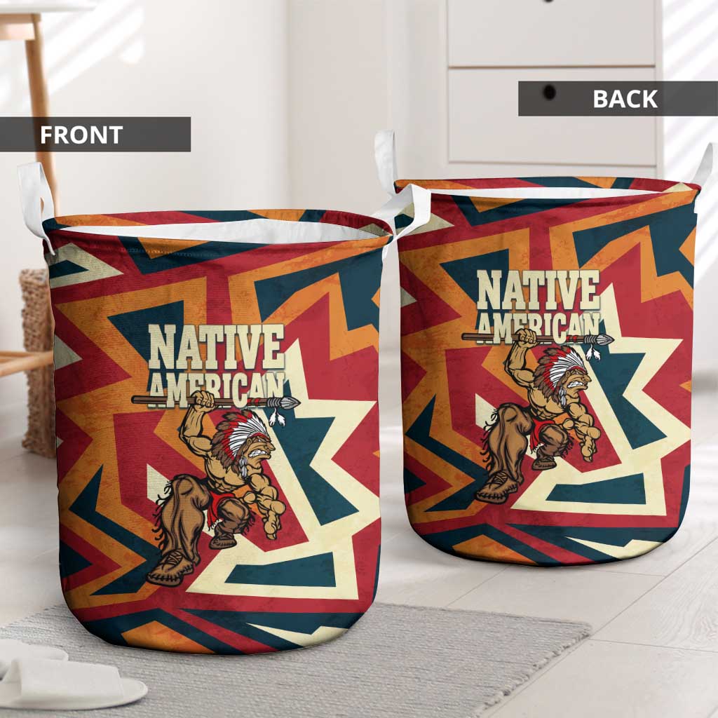 Native American Warrior Laundry Basket with Tribal Geometric Pattern Bold Sunset Mountain - Wonder Print Shop