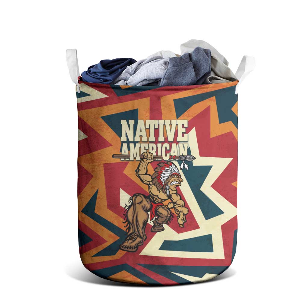 Native American Warrior Laundry Basket with Tribal Geometric Pattern Bold Sunset Mountain - Wonder Print Shop