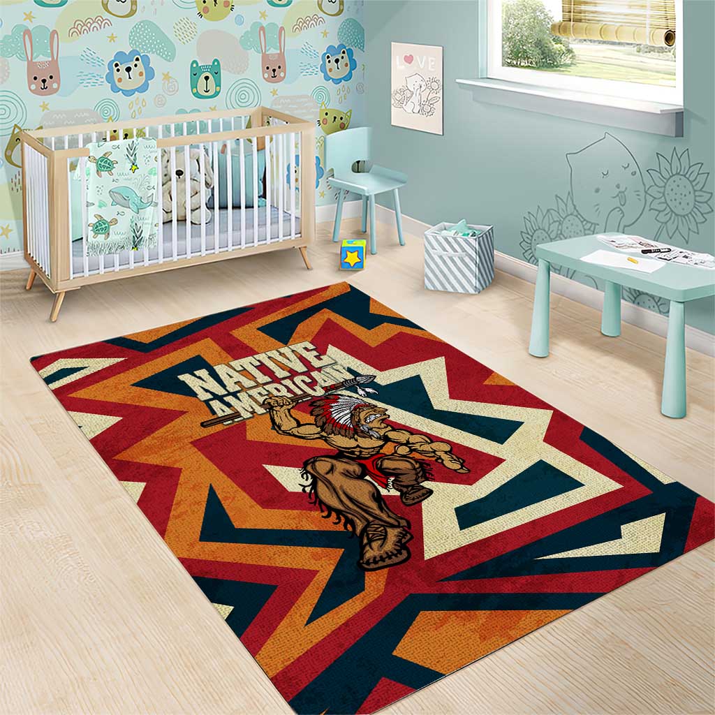 Native American Warrior Area Rug with Tribal Geometric Pattern Bold Sunset Mountain - Wonder Print Shop