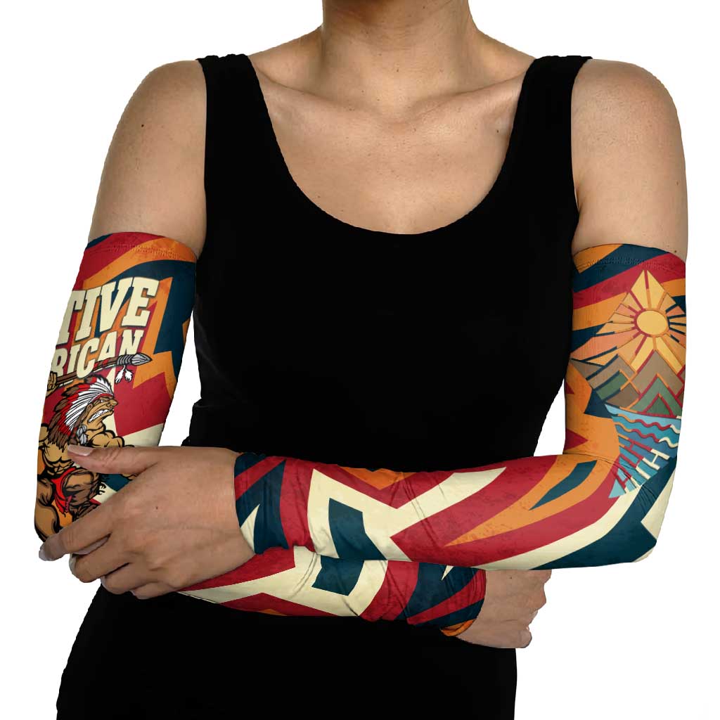 Native American Warrior Arm Sleeves with Tribal Geometric Pattern Bold Sunset Mountain - Wonder Print Shop