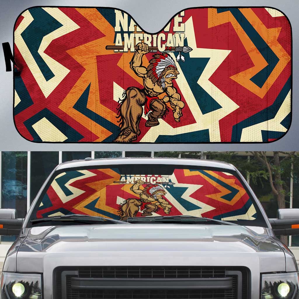 Native American Warrior Auto Sun Shade with Tribal Geometric Pattern Bold Sunset Mountain - Wonder Print Shop