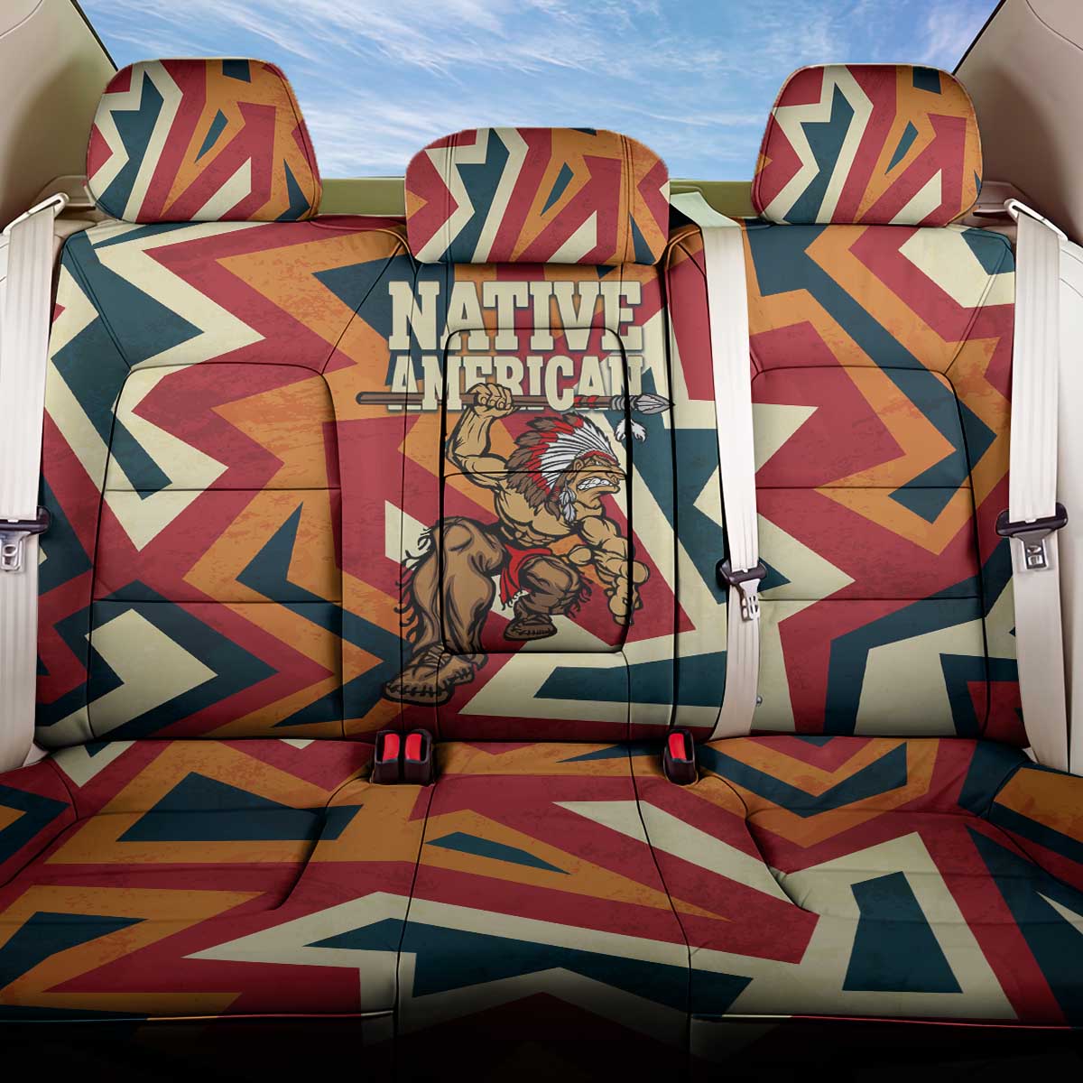 Native American Warrior Back Car Seat Cover with Tribal Geometric Pattern Bold Sunset Mountain - Wonder Print Shop