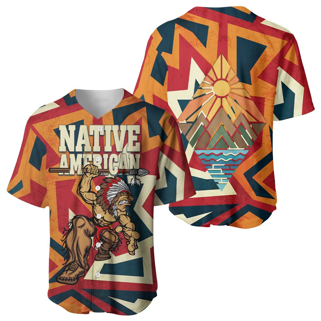 Native American Warrior Baseball Jersey with Tribal Geometric Pattern Bold Sunset Mountain - Wonder Print Shop