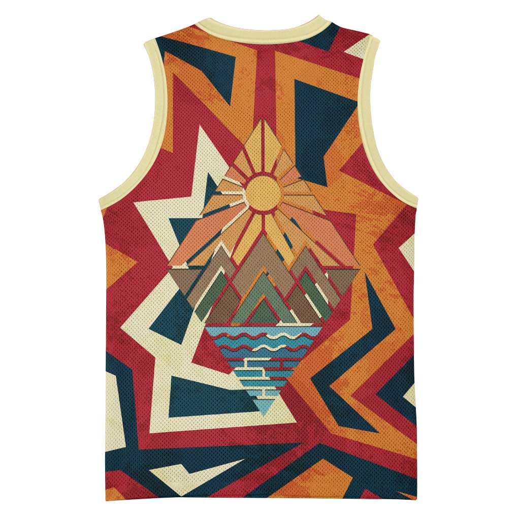 Native American Warrior Basketball Jersey with Tribal Geometric Pattern Bold Sunset Mountain - Wonder Print Shop