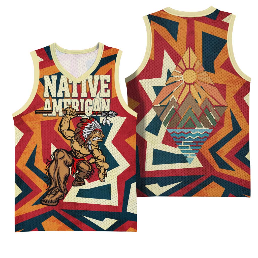 Native American Warrior Basketball Jersey with Tribal Geometric Pattern Bold Sunset Mountain - Wonder Print Shop