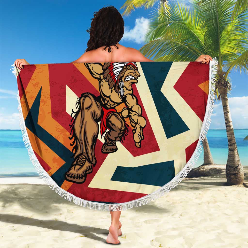 Native American Warrior Beach Blanket with Tribal Geometric Pattern Bold Sunset Mountain - Wonder Print Shop