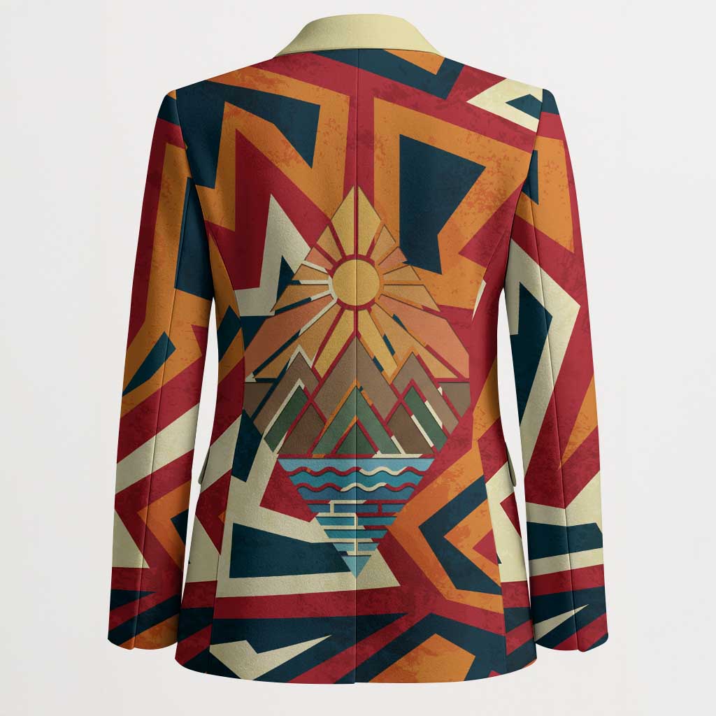 Native American Warrior Blazer with Tribal Geometric Pattern Bold Sunset Mountain - Wonder Print Shop