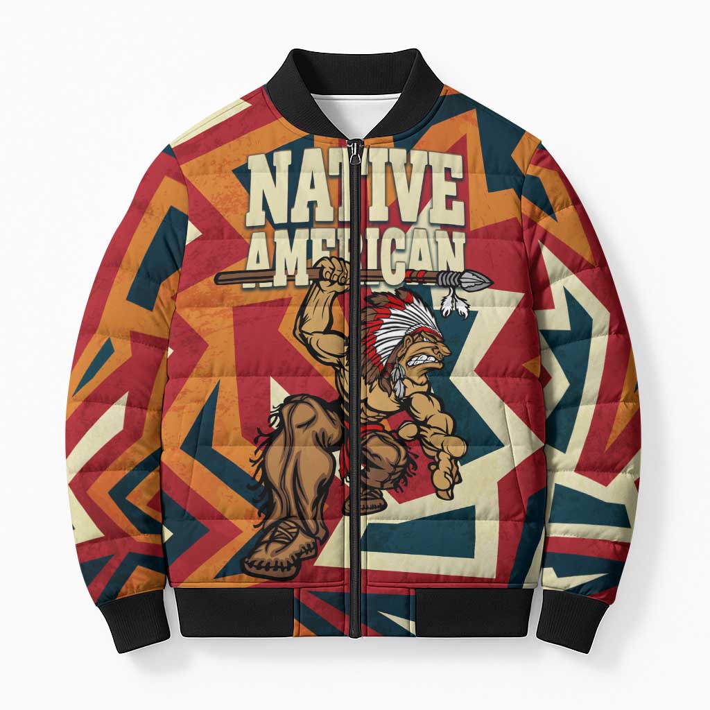 Native American Warrior Bomber Puffer Jacket with Tribal Geometric Pattern Bold Sunset Mountain - Wonder Print Shop