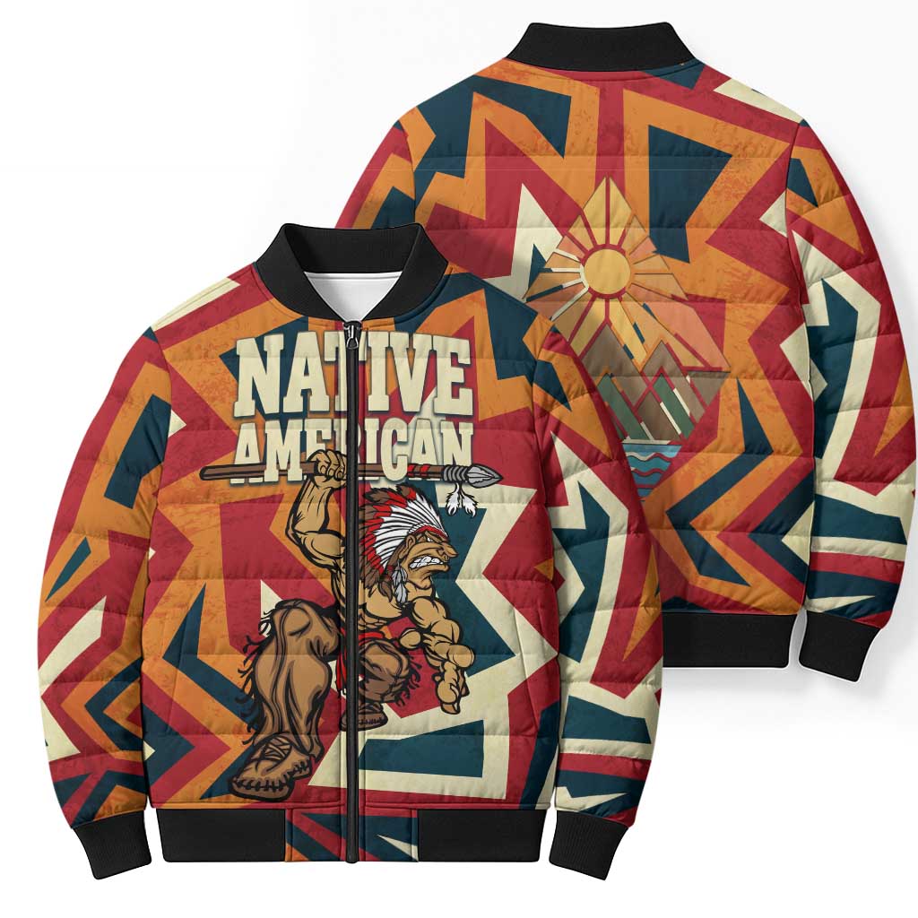 Native American Warrior Bomber Puffer Jacket with Tribal Geometric Pattern Bold Sunset Mountain - Wonder Print Shop