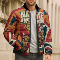 Native American Warrior Bomber Puffer Jacket with Tribal Geometric Pattern Bold Sunset Mountain - Wonder Print Shop