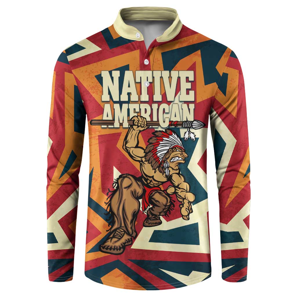Native American Warrior Button Sweatshirt with Tribal Geometric Pattern Bold Sunset Mountain - Wonder Print Shop