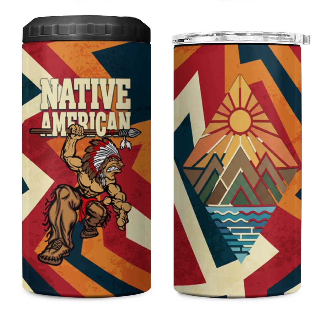 Native American Warrior 4 in 1 Can Cooler Tumbler with Tribal Geometric Pattern Bold Sunset Mountain - Wonder Print Shop
