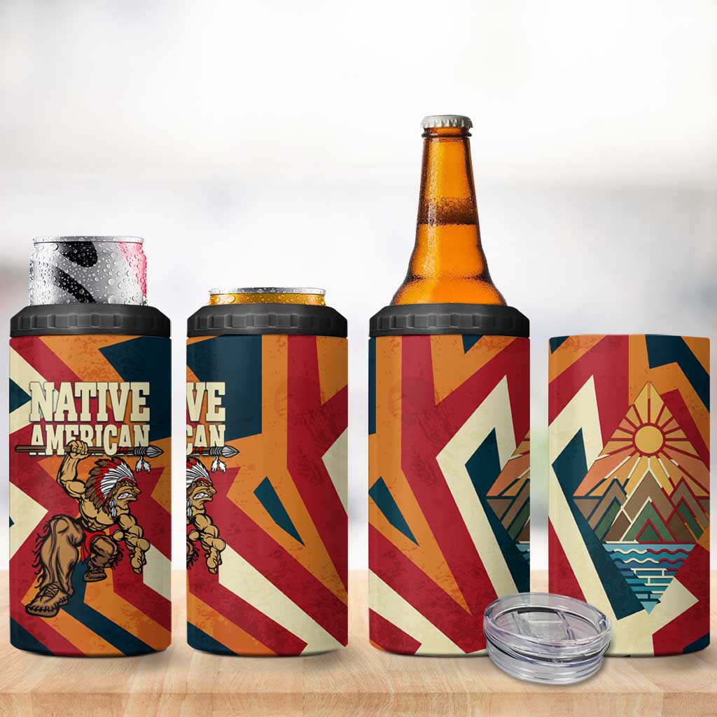 Native American Warrior 4 in 1 Can Cooler Tumbler with Tribal Geometric Pattern Bold Sunset Mountain - Wonder Print Shop