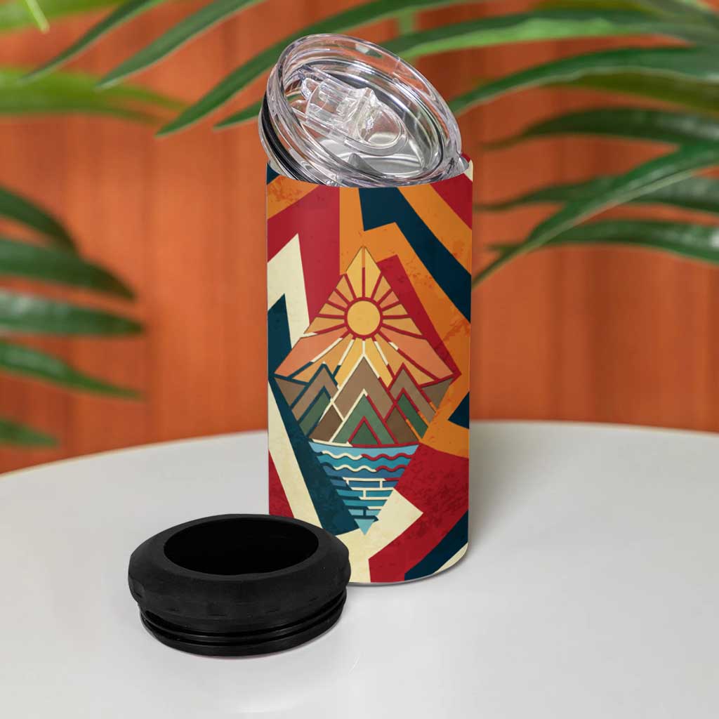 Native American Warrior 4 in 1 Can Cooler Tumbler with Tribal Geometric Pattern Bold Sunset Mountain - Wonder Print Shop