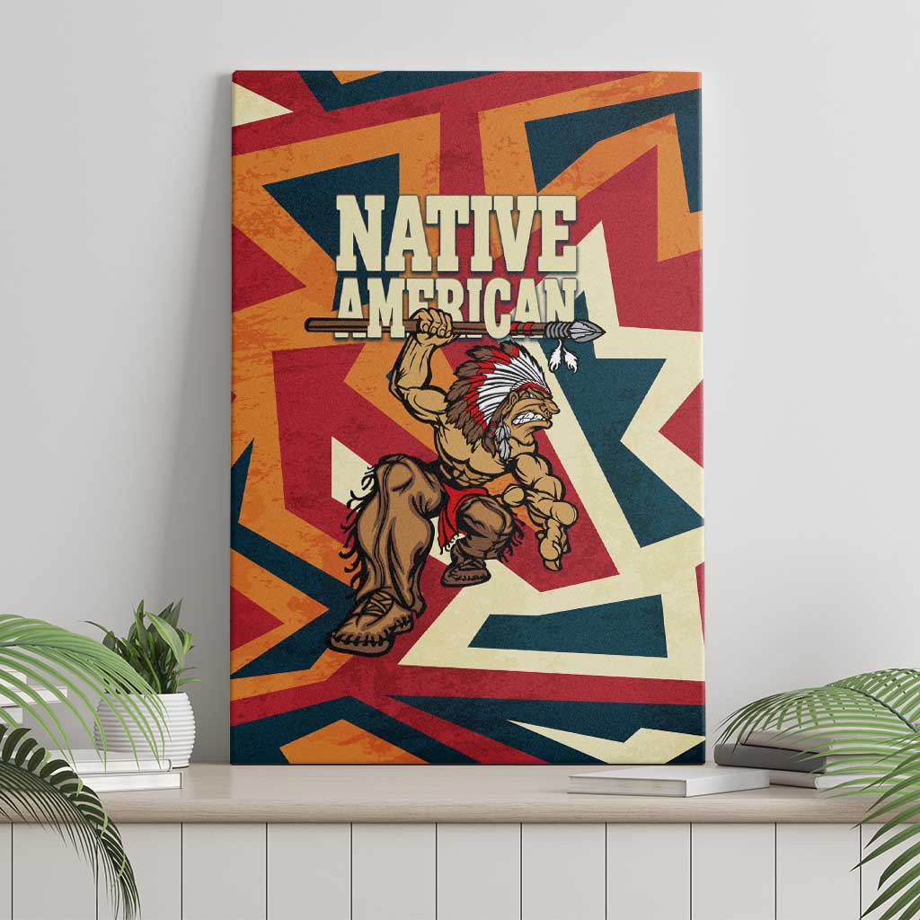 Native American Warrior Canvas Wall Art with Tribal Geometric Pattern Bold Sunset Mountain - Wonder Print Shop