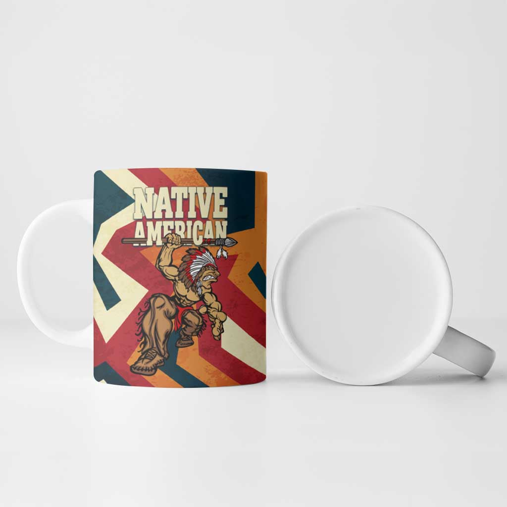 Native American Warrior Ceramic Mug with Tribal Geometric Pattern Bold Sunset Mountain - Wonder Print Shop