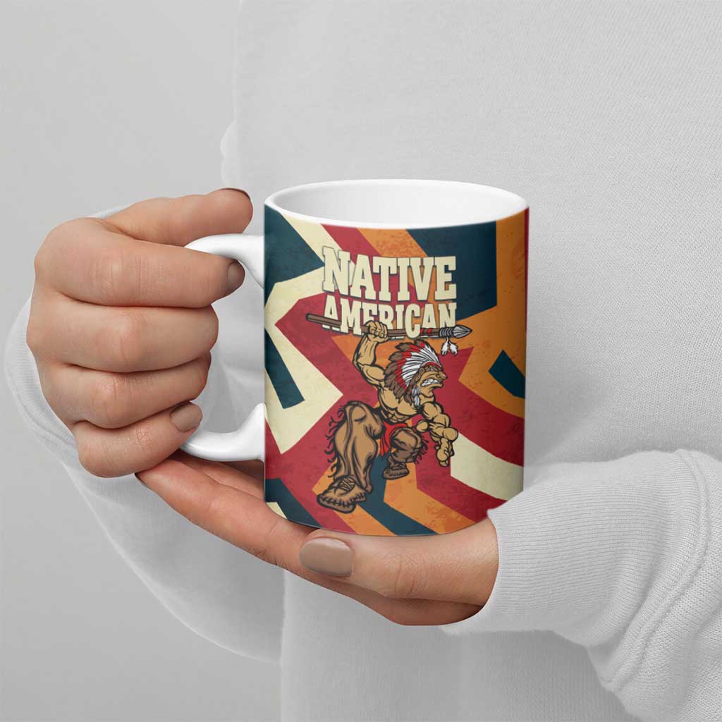 Native American Warrior Ceramic Mug with Tribal Geometric Pattern Bold Sunset Mountain - Wonder Print Shop