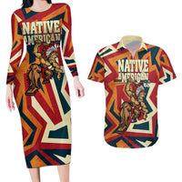 Native American Warrior Couples Matching Long Sleeve Bodycon Dress and Hawaiian Shirt with Tribal Geometric Pattern Bold Sunset Mountain - Wonder Print Shop