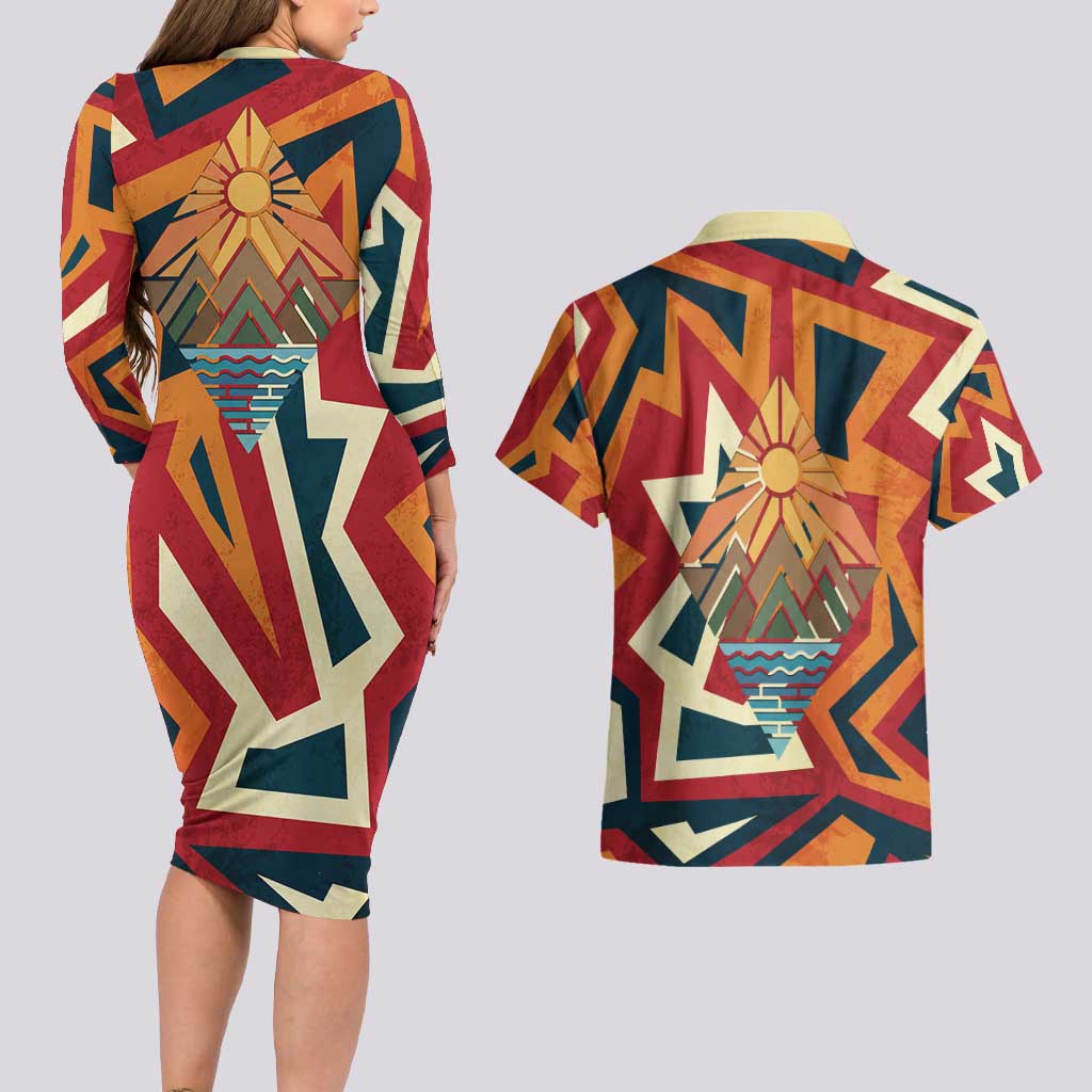 Native American Warrior Couples Matching Long Sleeve Bodycon Dress and Hawaiian Shirt with Tribal Geometric Pattern Bold Sunset Mountain - Wonder Print Shop