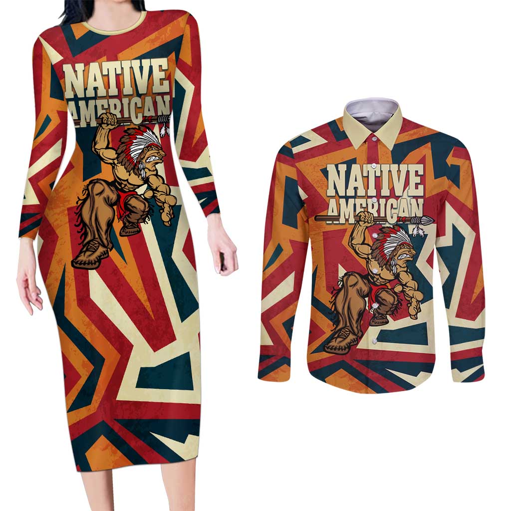Native American Warrior Couples Matching Long Sleeve Bodycon Dress and Long Sleeve Button Shirt with Tribal Geometric Pattern Bold Sunset Mountain - Wonder Print Shop
