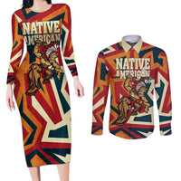 Native American Warrior Couples Matching Long Sleeve Bodycon Dress and Long Sleeve Button Shirt with Tribal Geometric Pattern Bold Sunset Mountain - Wonder Print Shop