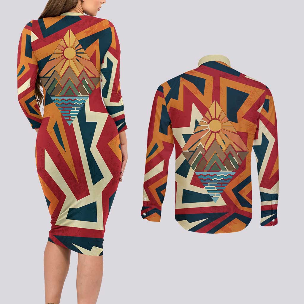 Native American Warrior Couples Matching Long Sleeve Bodycon Dress and Long Sleeve Button Shirt with Tribal Geometric Pattern Bold Sunset Mountain - Wonder Print Shop