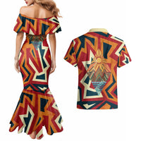 Native American Warrior Couples Matching Mermaid Dress and Hawaiian Shirt with Tribal Geometric Pattern Bold Sunset Mountain - Wonder Print Shop