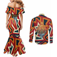 Native American Warrior Couples Matching Mermaid Dress and Long Sleeve Button Shirt with Tribal Geometric Pattern Bold Sunset Mountain - Wonder Print Shop