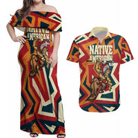 Native American Warrior Couples Matching Off Shoulder Maxi Dress and Hawaiian Shirt with Tribal Geometric Pattern Bold Sunset Mountain - Wonder Print Shop