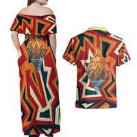 Native American Warrior Couples Matching Off Shoulder Maxi Dress and Hawaiian Shirt with Tribal Geometric Pattern Bold Sunset Mountain - Wonder Print Shop