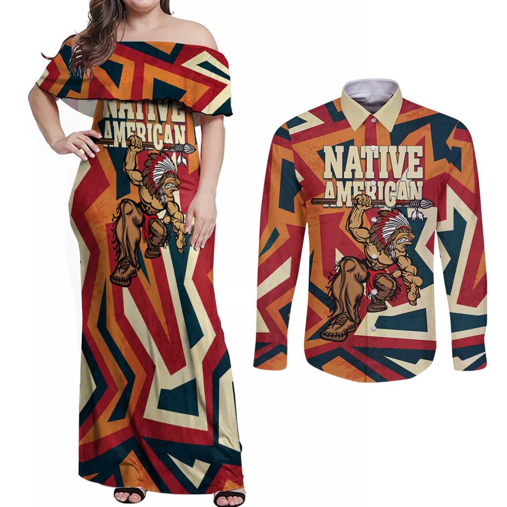 Native American Warrior Couples Matching Off Shoulder Maxi Dress and Long Sleeve Button Shirt with Tribal Geometric Pattern Bold Sunset Mountain - Wonder Print Shop