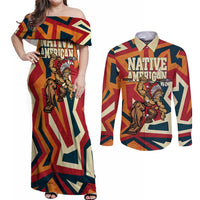 Native American Warrior Couples Matching Off Shoulder Maxi Dress and Long Sleeve Button Shirt with Tribal Geometric Pattern Bold Sunset Mountain - Wonder Print Shop