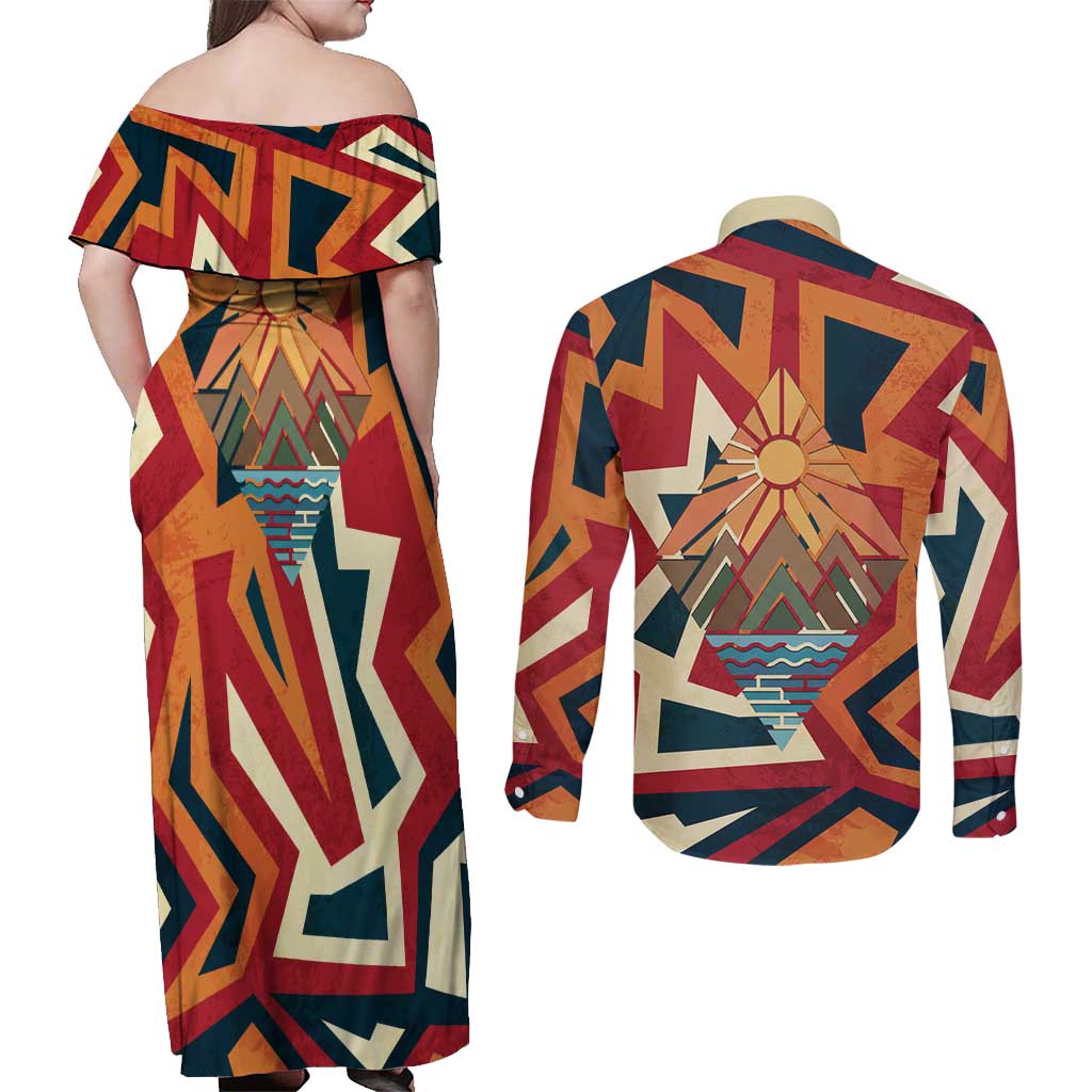 Native American Warrior Couples Matching Off Shoulder Maxi Dress and Long Sleeve Button Shirt with Tribal Geometric Pattern Bold Sunset Mountain - Wonder Print Shop