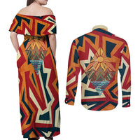 Native American Warrior Couples Matching Off Shoulder Maxi Dress and Long Sleeve Button Shirt with Tribal Geometric Pattern Bold Sunset Mountain - Wonder Print Shop