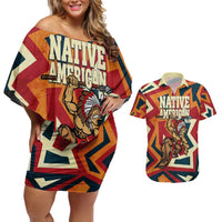 Native American Warrior Couples Matching Off Shoulder Short Dress and Hawaiian Shirt with Tribal Geometric Pattern Bold Sunset Mountain - Wonder Print Shop