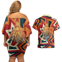 Native American Warrior Couples Matching Off Shoulder Short Dress and Hawaiian Shirt with Tribal Geometric Pattern Bold Sunset Mountain - Wonder Print Shop