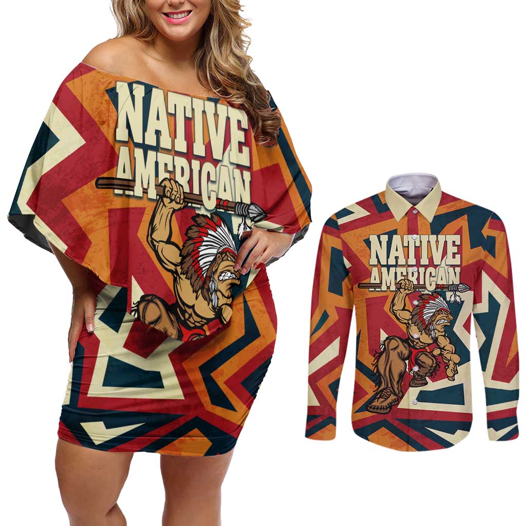 Native American Warrior Couples Matching Off Shoulder Short Dress and Long Sleeve Button Shirt with Tribal Geometric Pattern Bold Sunset Mountain - Wonder Print Shop