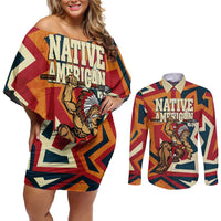 Native American Warrior Couples Matching Off Shoulder Short Dress and Long Sleeve Button Shirt with Tribal Geometric Pattern Bold Sunset Mountain - Wonder Print Shop