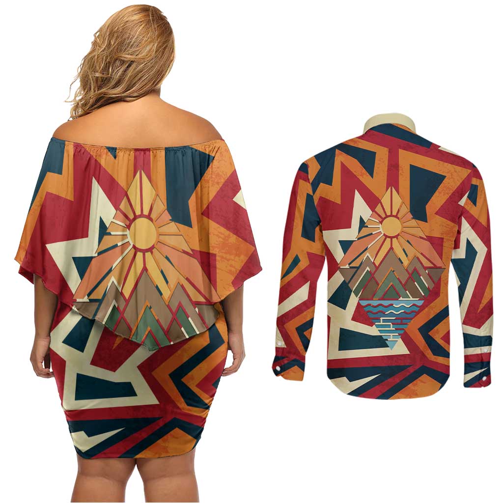 Native American Warrior Couples Matching Off Shoulder Short Dress and Long Sleeve Button Shirt with Tribal Geometric Pattern Bold Sunset Mountain - Wonder Print Shop