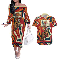 Native American Warrior Couples Matching Off The Shoulder Long Sleeve Dress and Hawaiian Shirt with Tribal Geometric Pattern Bold Sunset Mountain - Wonder Print Shop