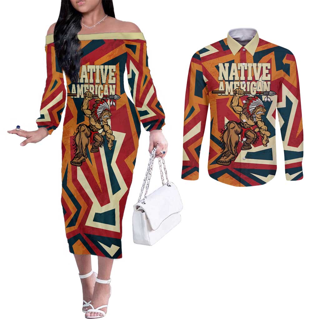 Native American Warrior Couples Matching Off The Shoulder Long Sleeve Dress and Long Sleeve Button Shirt with Tribal Geometric Pattern Bold Sunset Mountain - Wonder Print Shop
