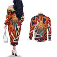 Native American Warrior Couples Matching Off The Shoulder Long Sleeve Dress and Long Sleeve Button Shirt with Tribal Geometric Pattern Bold Sunset Mountain - Wonder Print Shop