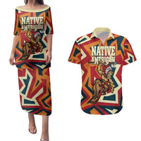 Native American Warrior Couples Matching Puletasi and Hawaiian Shirt with Tribal Geometric Pattern Bold Sunset Mountain - Wonder Print Shop
