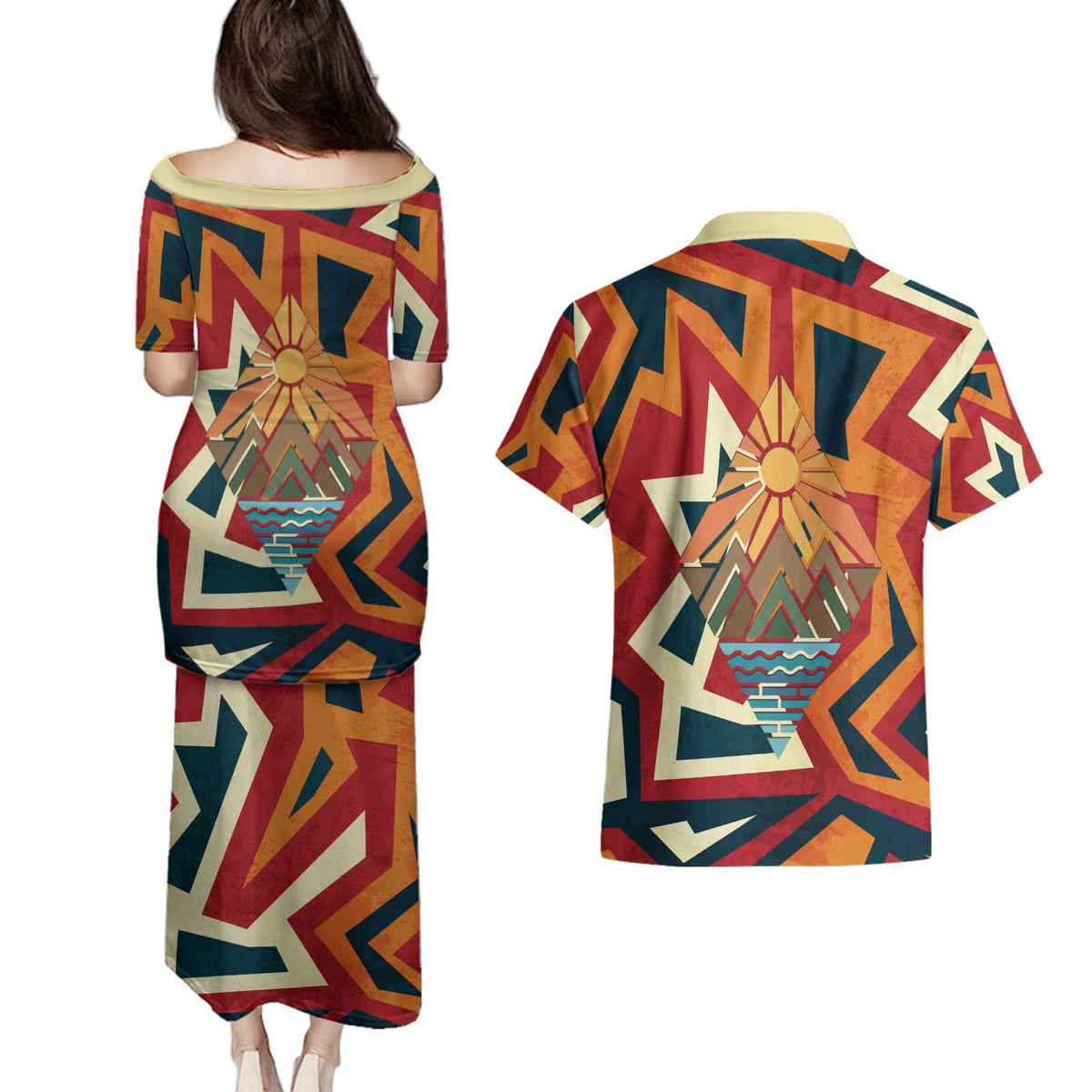 Native American Warrior Couples Matching Puletasi and Hawaiian Shirt with Tribal Geometric Pattern Bold Sunset Mountain - Wonder Print Shop